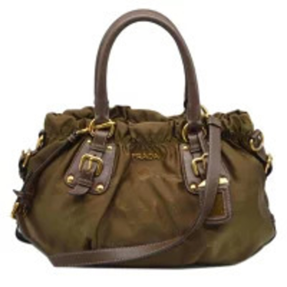 PRADA Jacquard Leather Handbag Khaki Brown Green B